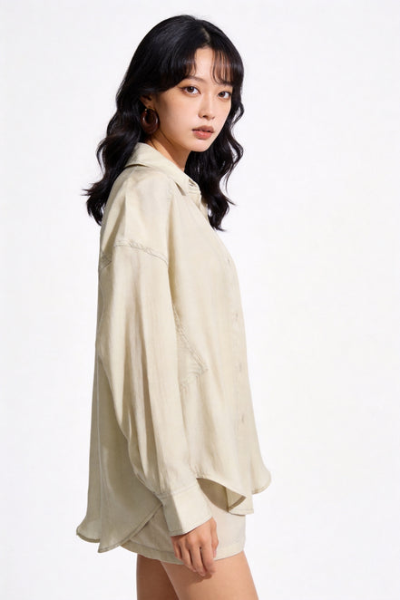 Maelle Three-Piece Set — Camisole, Button Shirt & Pleated Shorts