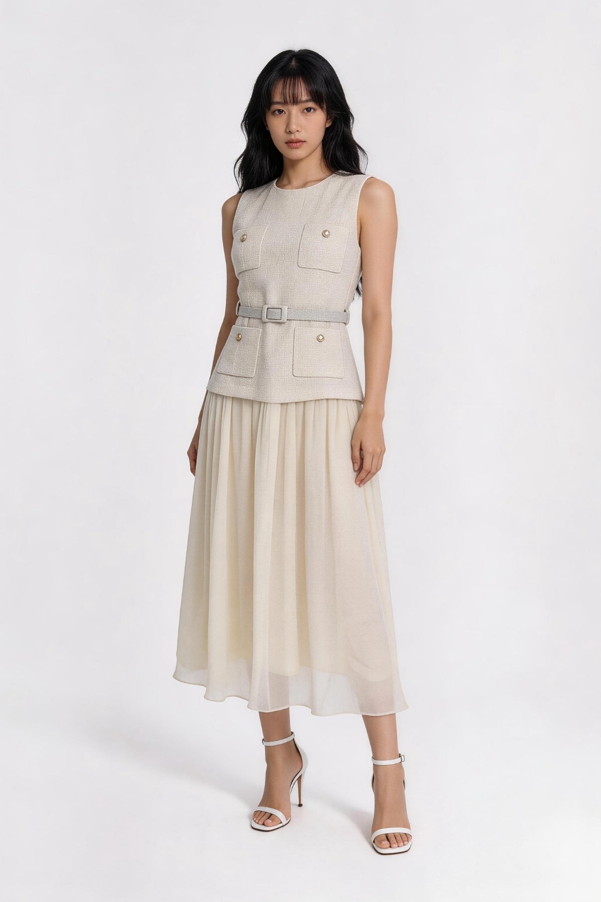 Thallo Belted Utility Mixed-Media Maxi Dress