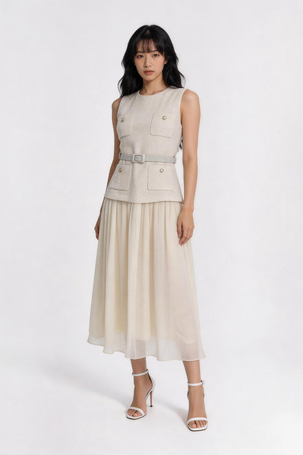 Thallo Belted Utility Mixed-Media Maxi Dress