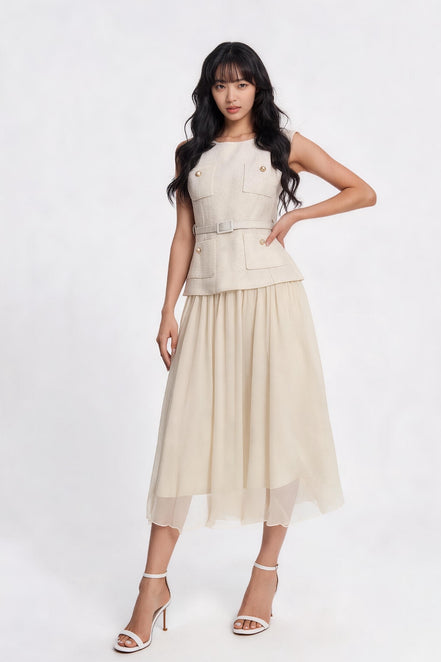 Thallo Belted Utility Mixed-Media Maxi Dress