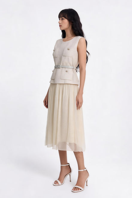Thallo Belted Utility Mixed-Media Maxi Dress