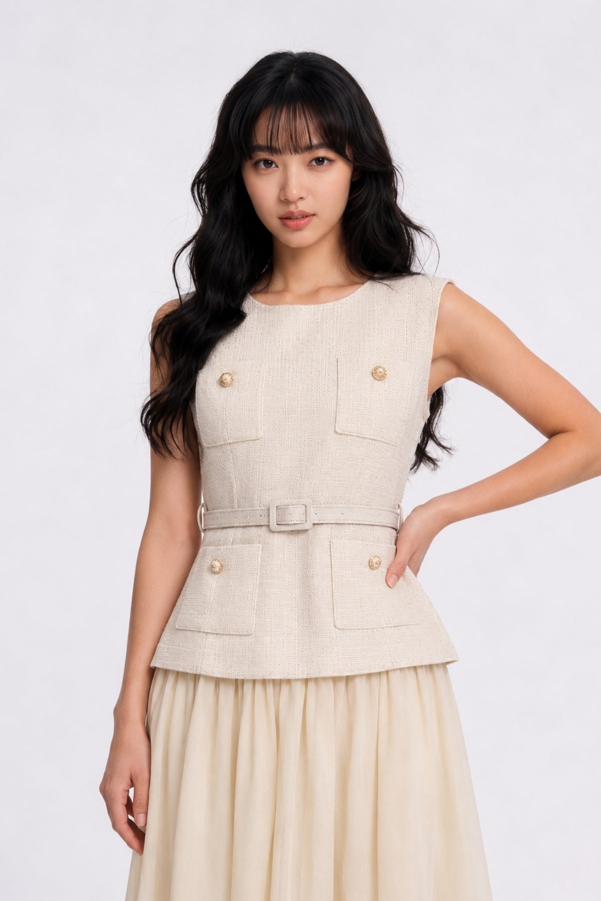 Thallo Belted Utility Mixed-Media Maxi Dress