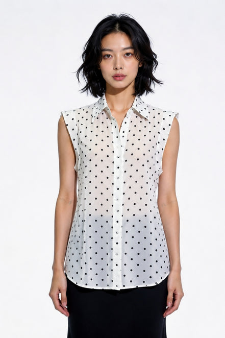 Yara Polka-Dot Tie-Neck Sleeveless Shirt