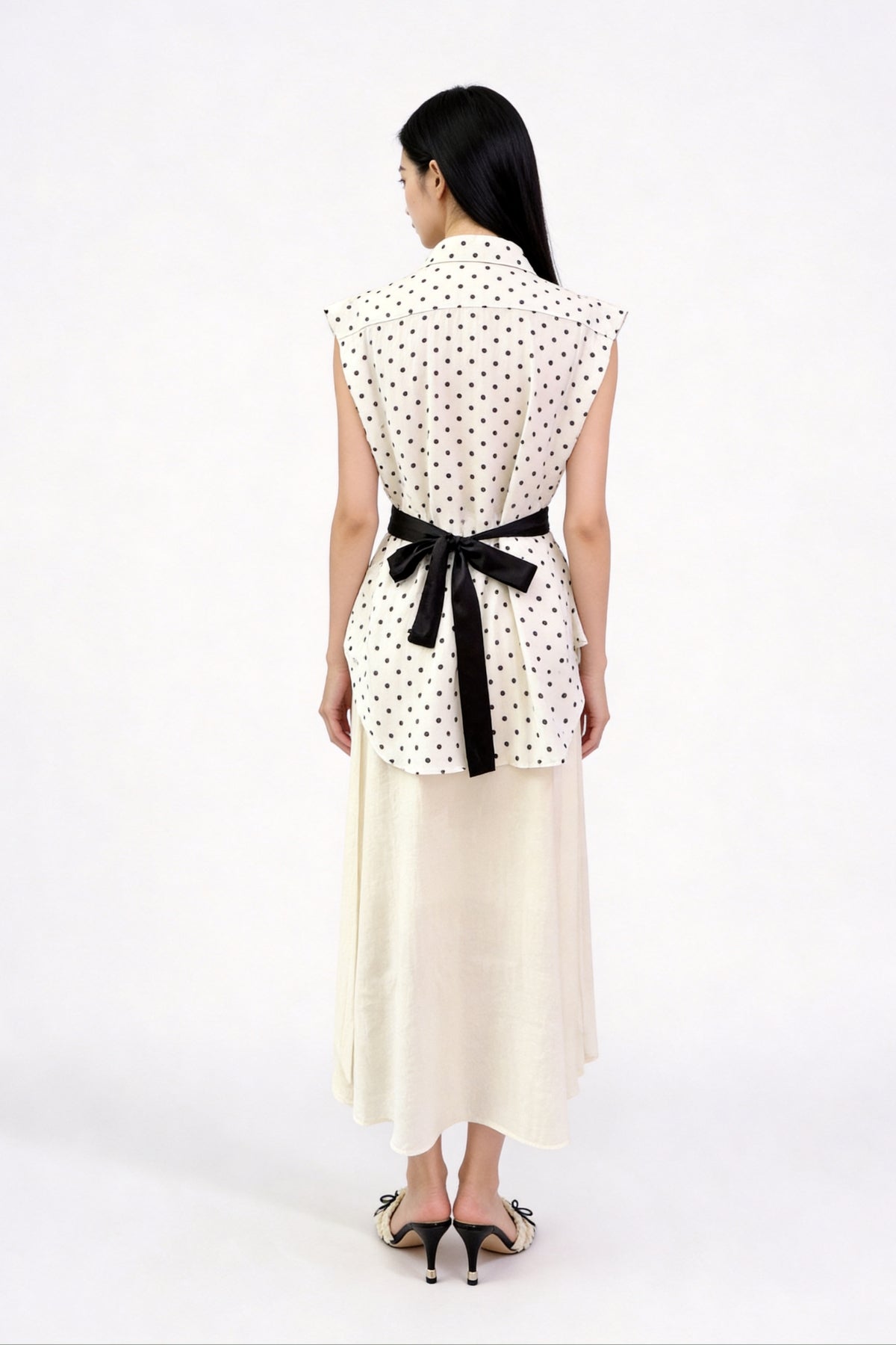 Yara Polka-Dot Tie-Neck Sleeveless Shirt