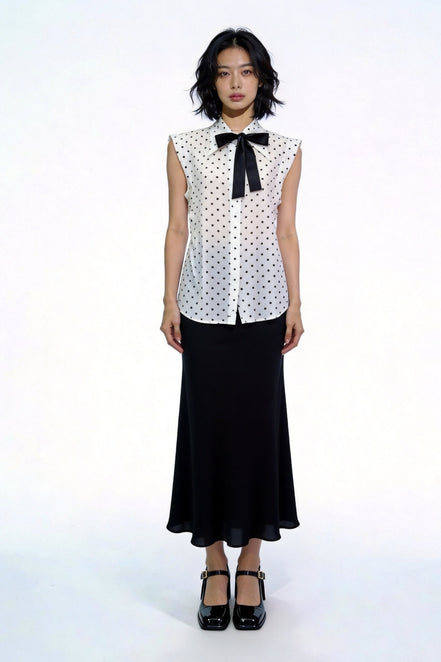 Yara Polka-Dot Tie-Neck Sleeveless Shirt