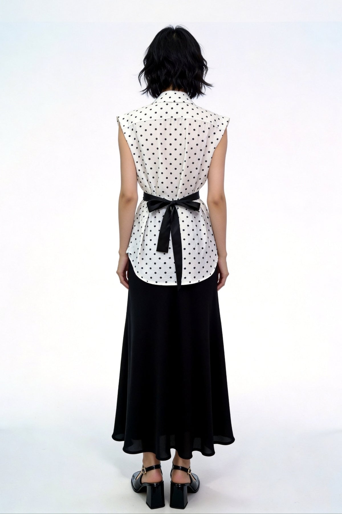 Yara Polka-Dot Tie-Neck Sleeveless Shirt