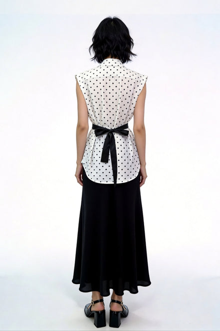 Yara Polka-Dot Tie-Neck Sleeveless Shirt