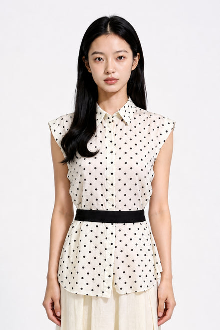 Yara Polka-Dot Tie-Neck Sleeveless Shirt