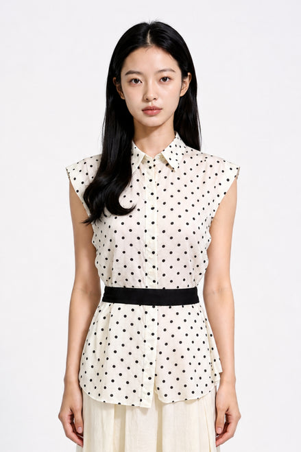 Yara Polka-Dot Tie-Neck Sleeveless Shirt
