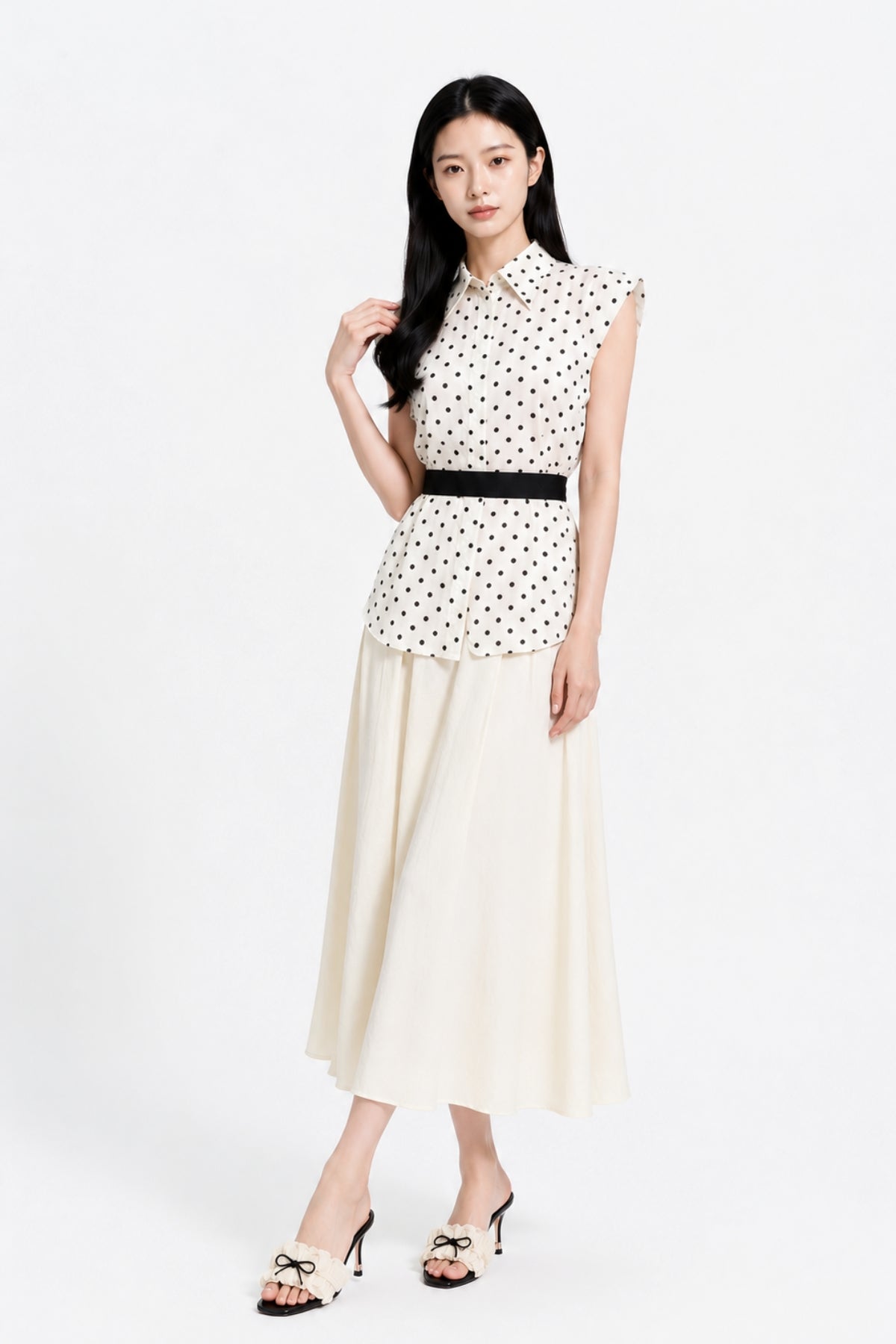 Yara Polka-Dot Tie-Neck Sleeveless Shirt